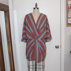 BLUE BLUSH ORANGE & BLUE STRIPED DRESS WITH KIMONO SLEEVES & KNOT WAIST SIZE SM